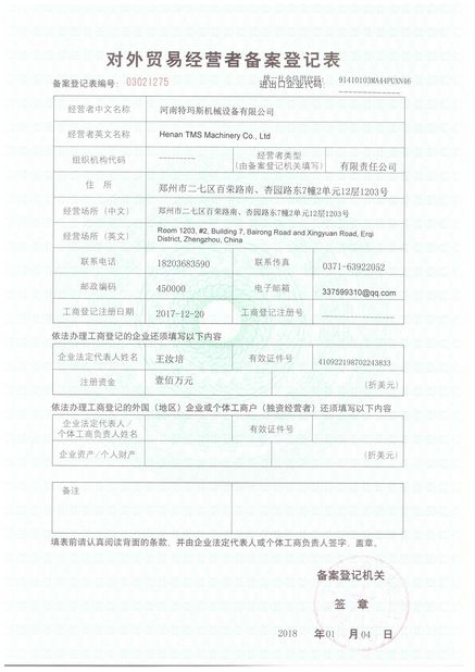 China HENAN TMS MACHINERY CO., LTD certification
